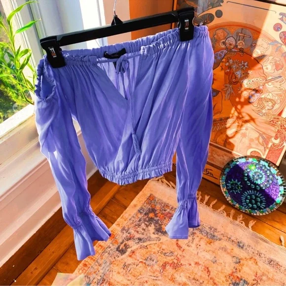 Periwinkle Blue Ruffle Peasant along Sleeved Off The Shoulder Crop Top - Picture 2 of 9